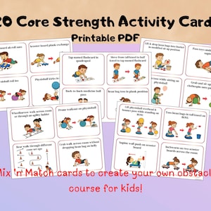 Peut inclure: Ensemble de 20 cartes d'activités de renforcement musculaire de base, un PDF imprimable. Chaque carte présente une illustration de dessin animé d'un enfant faisant de l'exercice. Les cartes sont conçues pour créer un parcours d'obstacles pour enfants.