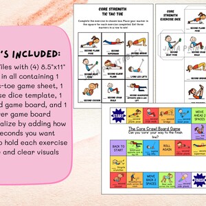 Op de afbeelding: Printbare core strength oefenspellen voor kinderen, waaronder een tic-tac-toe spel, oefen dobbelstenen en een kruip bordspel. De spellen bevatten kleurrijke illustraties van verschillende oefeningen en instructies.