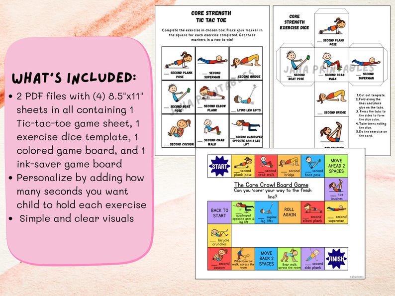 Op de afbeelding: Printbare core strength oefenspellen voor kinderen, waaronder een tic-tac-toe spel, oefen dobbelstenen en een kruip bordspel. De spellen bevatten kleurrijke illustraties van verschillende oefeningen en instructies.