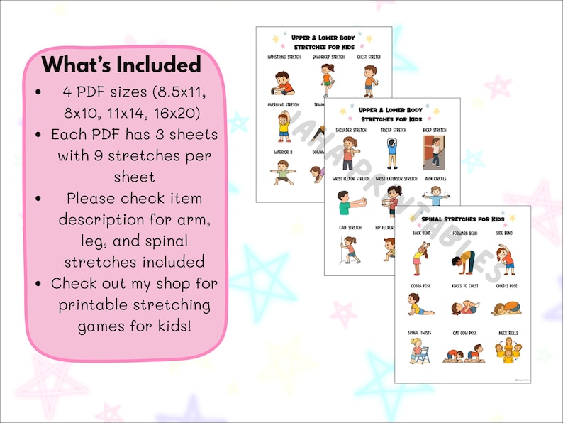 Full Body Stretches for Kids Printable - 27 Arm, Leg & Spinal Exercises