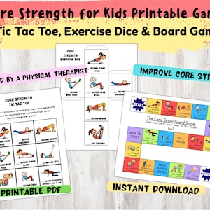 Op de afbeelding: Printbare core strength-spellen voor kinderen, waaronder Tic Tac Toe, oefen dobbelstenen en een bordspel. De spellen bevatten kleurrijke illustraties van oefeningen om de core strength te verbeteren. Inclusief een printbare PDF en direct downloaden.