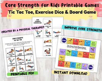 Kids Core Strength Printable Tic-Tac-Toe, Exercise Dice & Board Game | Movement Break | PT Exercise Activity Fitness Game | Digital PDF File