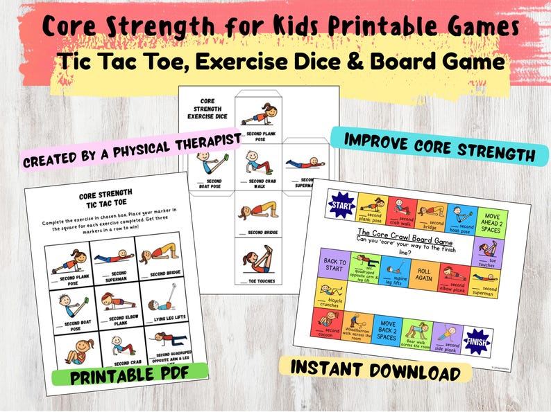 Op de afbeelding: Printbare core strength-spellen voor kinderen, waaronder Tic Tac Toe, oefen dobbelstenen en een bordspel. De spellen bevatten kleurrijke illustraties van oefeningen om de core strength te verbeteren. Inclusief een printbare PDF en direct downloaden.