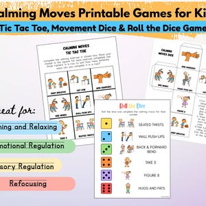 Calming Printable Kid Games: Tic Tac Toe, Movement Dice, Roll the Dice | Relax Refocus Cool Down Activity | Emotional & Sensory Regulation