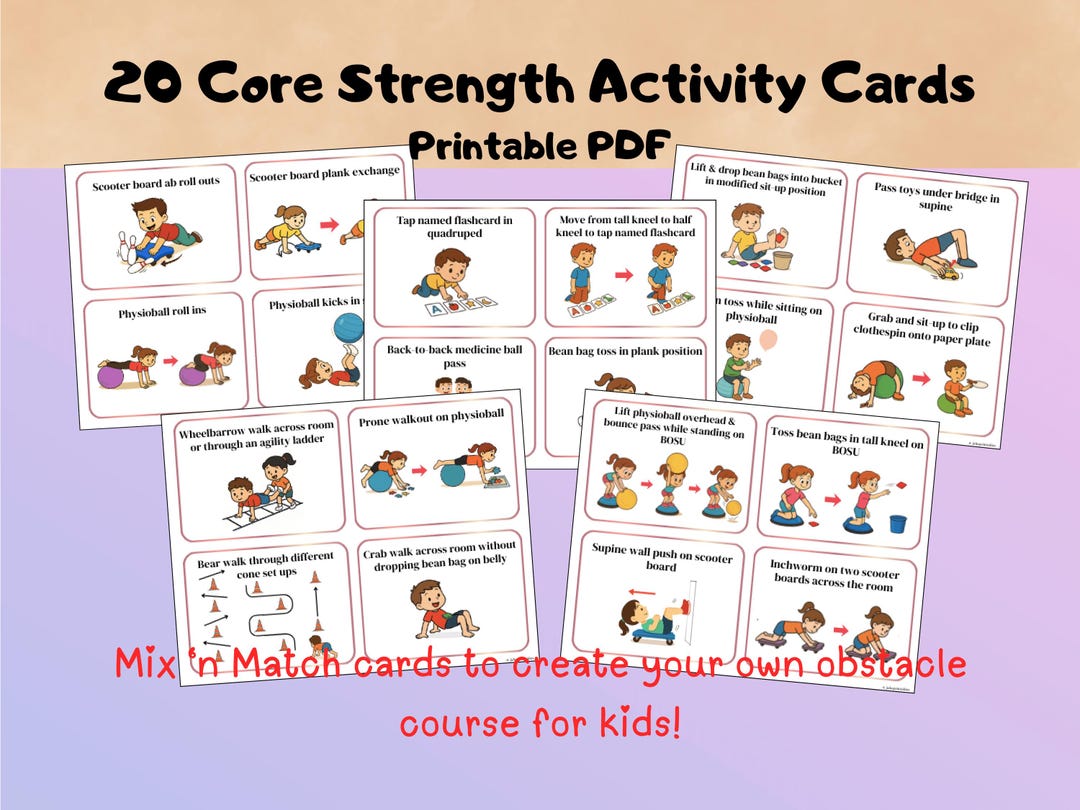 Core Activities Sticker Kids Core Strength Activity Cards Printable | Physical Occupational ...