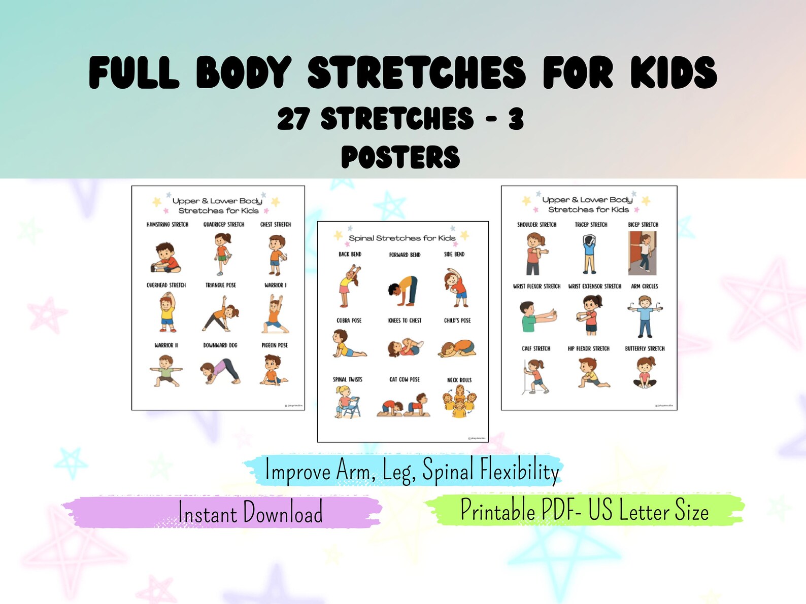 Full Body Stretches for Kids Printable - 27 Arm, Leg & Spinal Exercises