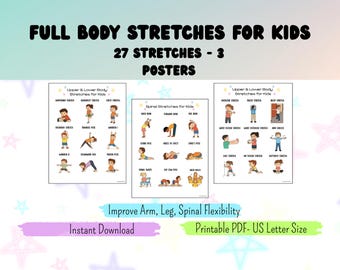Estiramientos de cuerpo completo para niños (imprimibles): 27 ejercicios para brazos, piernas y columna vertebral, entrenamiento de flexibilidad, terapia ocupacional, fisioterapia, educación física, calentamientos escolares (PDF imprimible)