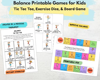 Kids Balance Printable Tic Tac Toe, Exercise Dice & Board Game | Movement Brain Break | PT/OT Body Stability Exercise Activity | Instant PDF