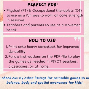 Op de afbeelding: Roze afdrukbare spelinstructies voor fysiotherapeuten en ergotherapeuten, leerkrachten en ouders. De tekst bevat instructies over het gebruik van de spellen in PT/OT-sessies, klaslokalen of thuis. De afbeelding bevat ook een call to action.