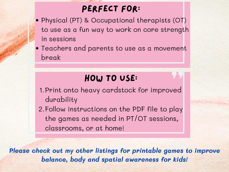 Op de afbeelding: Roze afdrukbare spelinstructies voor fysiotherapeuten en ergotherapeuten, leerkrachten en ouders. De tekst bevat instructies over het gebruik van de spellen in PT/OT-sessies, klaslokalen of thuis. De afbeelding bevat ook een call to action.