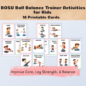 16 BOSU Ball Balance Trainer afdrukbare oefenkaarten voor kinderen | Balans, romp- en beenkracht verbeteren | PT/OT-oefening Fitnesstraining voor thuis