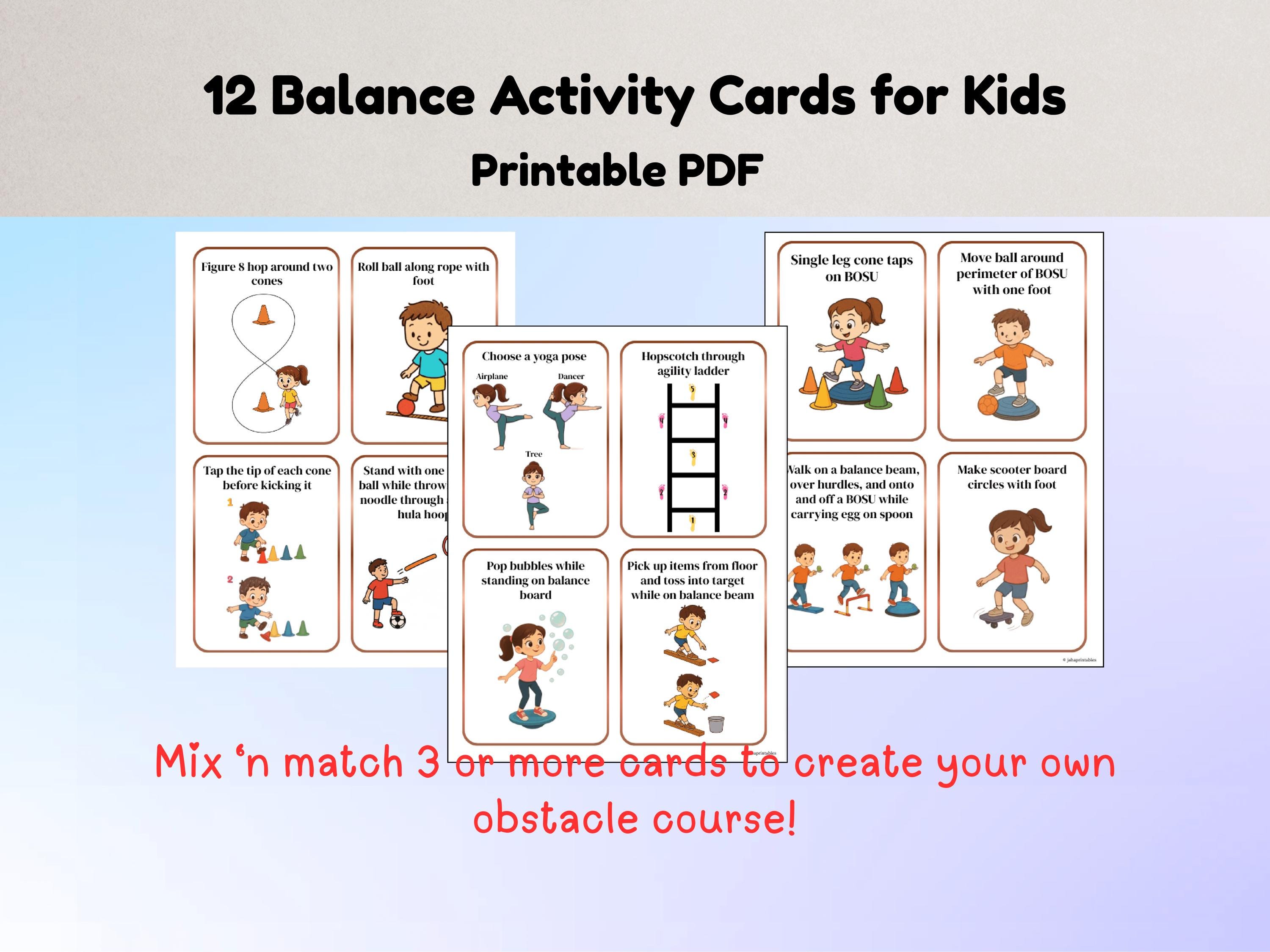 Balance Activity Cards for Kids 12 Physical Therapy Printable Exercises with BOSU, Balance Beam, Scooter Board Obstacle course cards