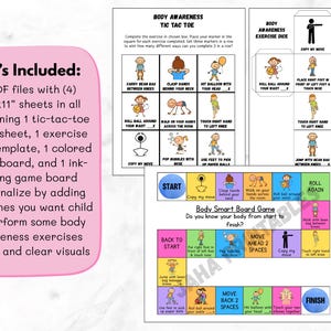 May include: A colorful educational game set for kids, including a tic-tac-toe game sheet, exercise dice, and a game board. The set features illustrations of children performing various exercises. The text includes "Body Awareness" and "Tic Tac Toe".