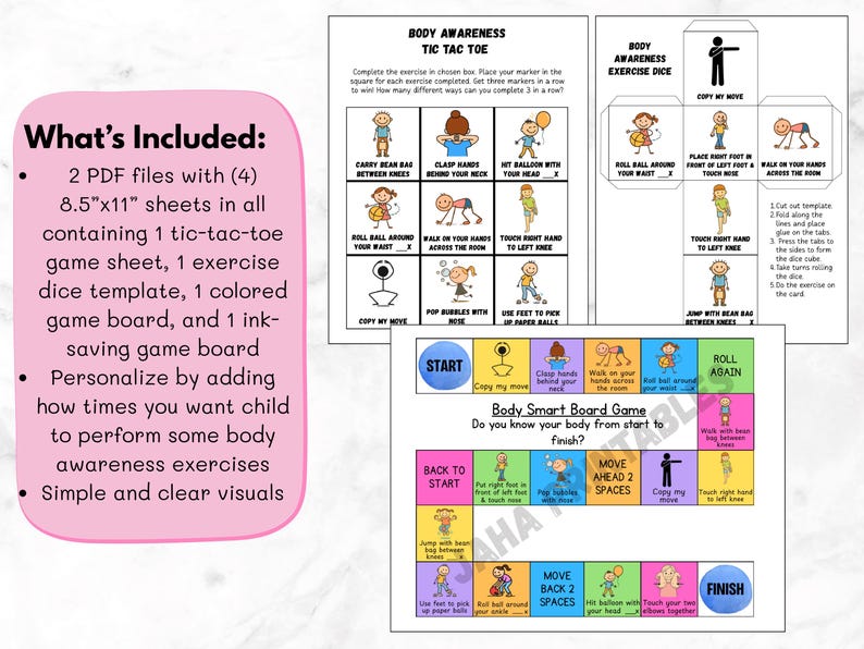 May include: A colorful educational game set for kids, including a tic-tac-toe game sheet, exercise dice, and a game board. The set features illustrations of children performing various exercises. The text includes "Body Awareness" and "Tic Tac Toe".