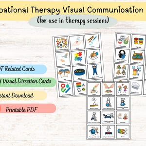 Peut inclure: Cartes de communication visuelle pour l'ergothérapie, comprenant 36 cartes liées à l'ergothérapie et 24 cartes de direction visuelle. Conçues pour les séances de thérapie, elles sont disponibles en téléchargement instantané, PDF imprimable.