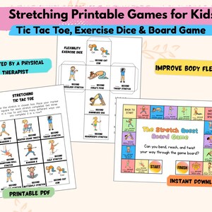 Puede incluir: Juegos de estiramiento imprimibles para niños, que incluyen Tic Tac Toe, dados de ejercicios y un juego de mesa. Diseñados para mejorar la flexibilidad corporal y creados por un fisioterapeuta. Incluye un PDF imprimible.