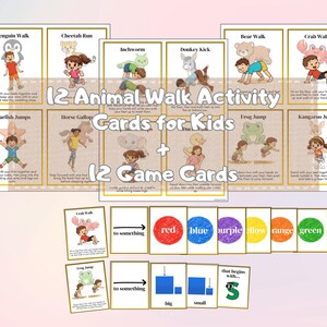 May include: A set of 24 activity cards for kids. The cards feature illustrations of children demonstrating animal walks and game concepts. The text on the cards reads "12 Animal Walk Activity Cards for Kids + 12 Game Cards."