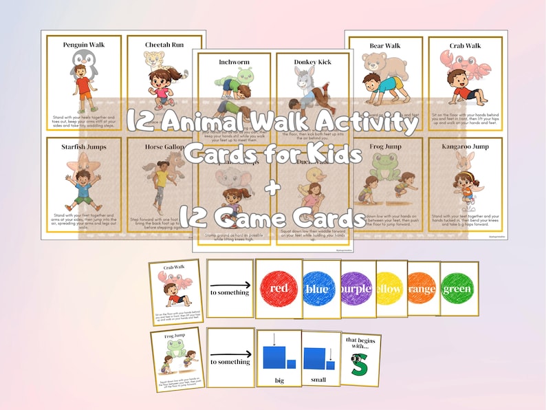 May include: A set of 24 activity cards for kids. The cards feature illustrations of children demonstrating animal walks and game concepts. The text on the cards reads "12 Animal Walk Activity Cards for Kids + 12 Game Cards."