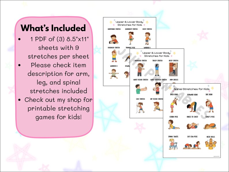 Full Body Stretches for Kids Printable - 27 Arm, Leg & Spinal Exercises