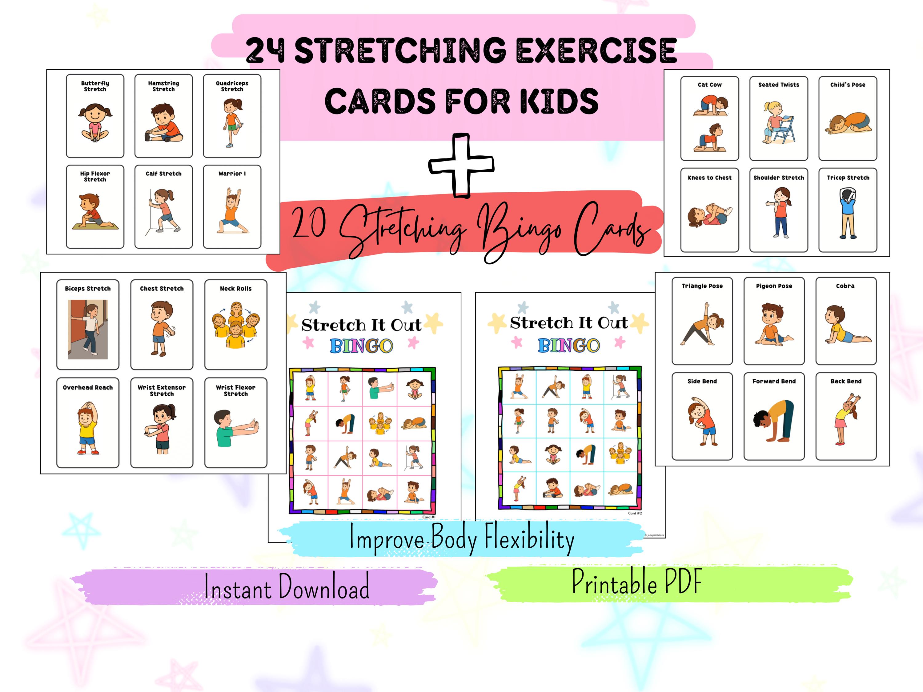 Stretching Exercise Cards for Kids & Flexibility Bingo Cards Printable ...