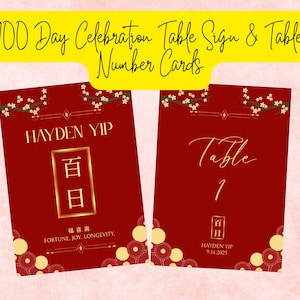 May include: Red table signs and number cards for a 100-day celebration. The signs feature gold text and accents, including the name "HAYDEN YIP" and the date 9.14.2025. The cards have floral and geometric designs.