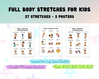 Full Body Stretches for Kids Printable - 27 Arm, Leg & Spinal Exercises | Body Flexibility Workout OT/PT PE School Warm-Ups Printable pdf