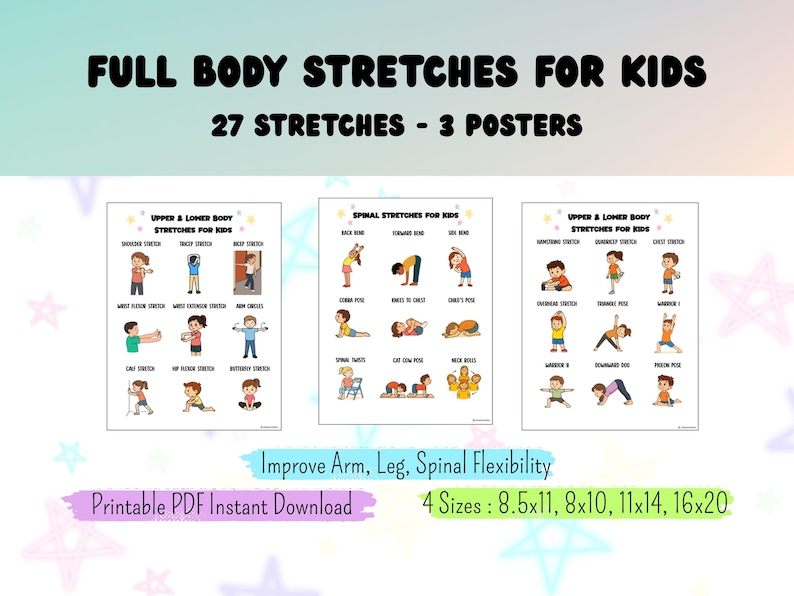 Full Body Stretches for Kids Printable - 27 Arm, Leg & Spinal Exercises