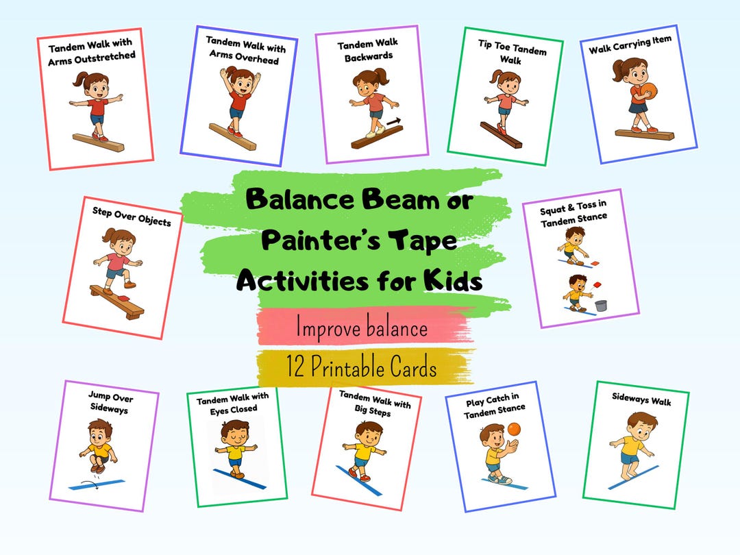 12 Balance Beam & Painter’s Tape Printable Activity Cards for Kids | PT ...