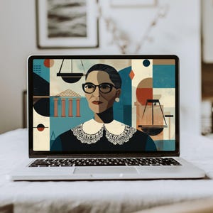 May include: A laptop displaying a stylized portrait of a woman with glasses and a white lace collar. The background features geometric shapes in teal, blue, and red. The laptop is open on a white surface.