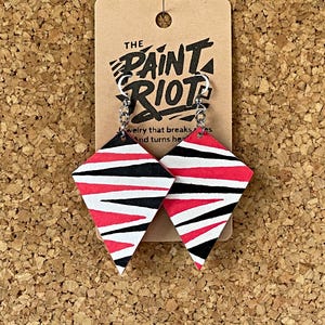 Hand-Painted Striped Wood Statement Earrings: Red Black White Punk Jewelry
