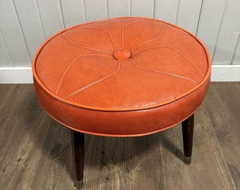 Vintage Ottoman Retro 1960s Orange Vinyl Footstool Tapered Legs 19 x 13 MCM