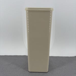 Puede incluir: Un recipiente de almacenamiento alto y rectangular de plástico beige con una tapa plana a juego. El recipiente presenta lados verticales lisos y un diseño limpio, ofreciendo una solución sencilla y funcional para organizar diversos artículos del hogar.
