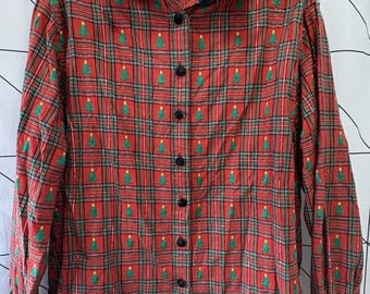 VTG Xmas Tree Plaid Metallic Detail Velvet Collar Button Up Shirt Womens XL 90s