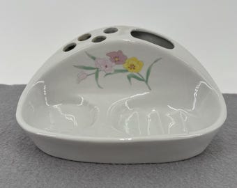 Vtg Badezimmer Keramik Zahnbürste, Zahnpasta, Seife und Getränkehalter Floral 80er/90er Jahre