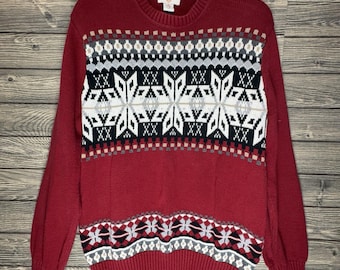 Suéter navideño rojo Dockers Fair Isle talla M rojo negro cuello redondo feo de los 90