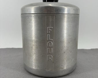 Tapa de bote de harina de aluminio cepillado Metasco Italia vintage, estilo MCM (Mediados de Siglo) plateado.