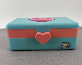 Vintage Naturally Pretty Cosmetics Case Travel Storage Jewelry Green Pink Heart