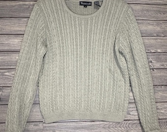 Wainscott Vintage Crewneck Cable Knit Sweater Olive Green Size Small 90s Chunky