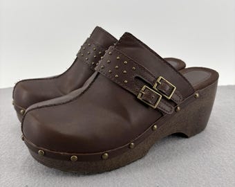 Vintage Y2K Braune Plattform Clogs Route 66 Damen Größe 9 Schuhe Schnalle Nieten