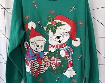 VTG 90年代 サイズXL ホリデー クリスマス キャット クルーネック セーター スウェットシャツ 遊び心のある子猫