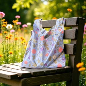 May include: A light blue reusable shopping bag with a floral pattern of pink, purple, and gold flowers. The bag is sitting on a wooden bench in a garden setting. The bag has two handles.