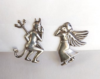 1940s-1950s whispering devil and angel earrings, mexican silver, screw back, made in mexico