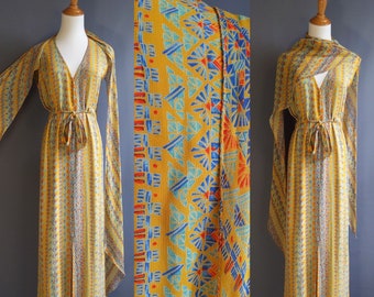 1970s Stephen Burrows silk dress, printed crepe gown, long cape scarves scarf, small size, vintage vtg