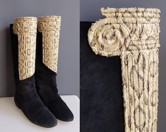 1980s greek column boots, ionic column snakeskin applique on suede, made in italy, novelty footwear Andrea Pfister, size 7M