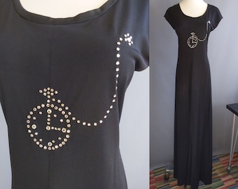 1970s Mr. Boots rhinestone pocketwatch slinky knit disco tshirt dress, pop art maxidress, medium size