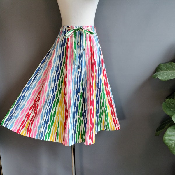1980s rainbow "umbrella" skirt, Peter Popovich, Koret trikskirt design, medium large size a-line cotton