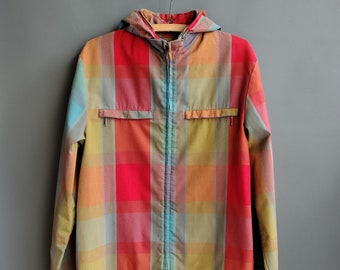1960s rainbow plaid zipper jacket, hooded beach jacket, mod surfer surf, large size