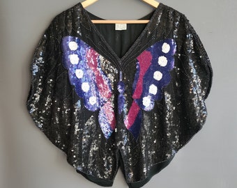 1980s sequin butterfly top, violet magenta silver metallic, black silk shirt, made in india blouse, XXL size plus size large size volup