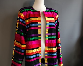 1980s rainbow ribbon jacket, Tachi Castillo made in mexico, satin ribbons, xl large size volup, deep pockets