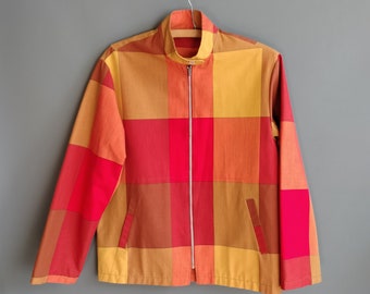1960s block plaid zipper jacket, cafe racer style, orange red yellow, mod surfer surf, small
